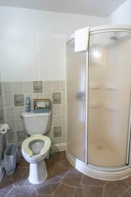 Bathroom with a toilet, a corner shower stall with frosted sliding doors and floral-patterned tile