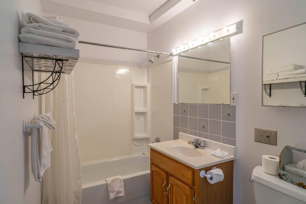 Bathroom with a bathtub-shower, a towel shelf and a medicine cabinet above a wood vanity