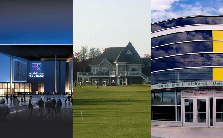 Trio de photos des attractions à proximité : amphithéâtre illuminé le soir, terrain de golf et façade du centre sportif Alphonse-Desjardins
