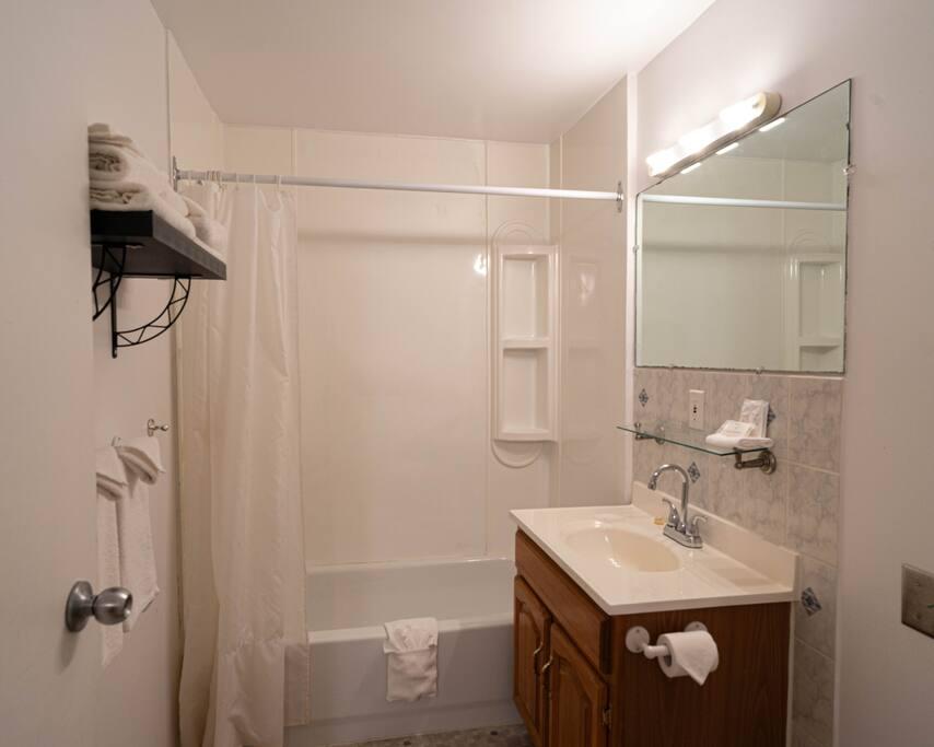 Salle de bain avec baignoire-douche, étagère à serviettes blanches et armoire-miroir éclairée au-dessus du lavabo