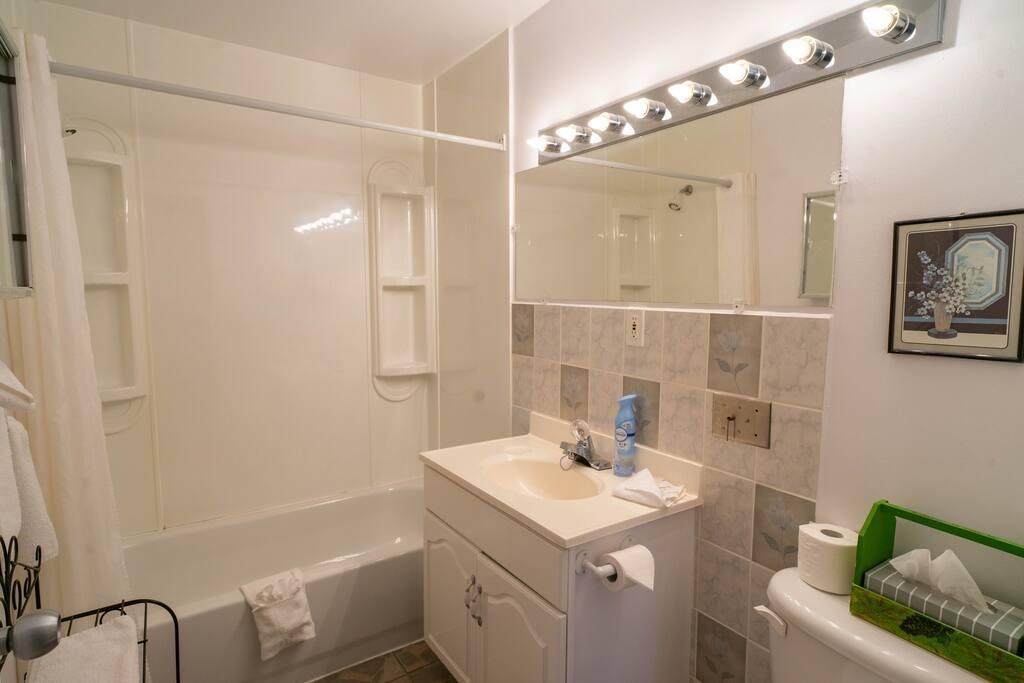 Salle de bain avec baignoire-douche, carrelage à motifs floraux gris-bleu et armoire à pharmacie éclairée